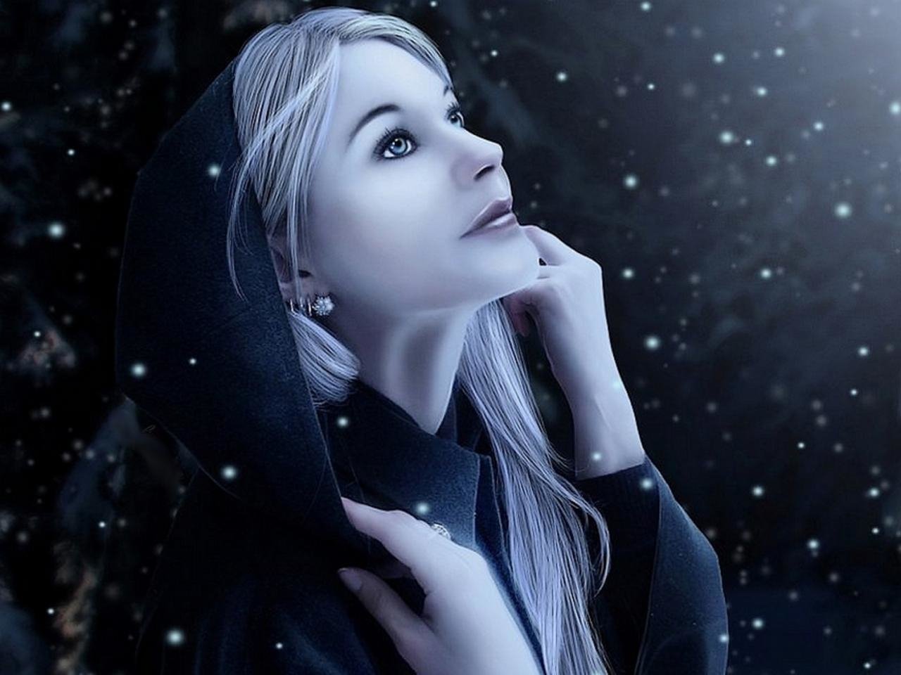 A woman in a dark hood gazes upward, surrounded by ethereal snowflakes, embodying a mystical fantasy scene with a serene expression.