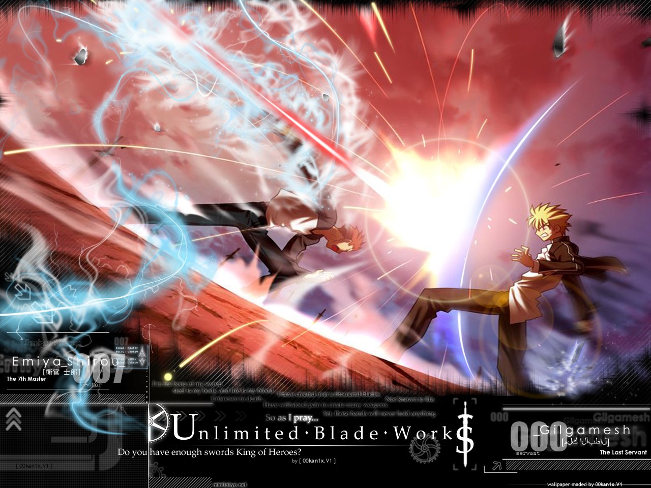 A dynamic scene from Fate/Stay Night: Unlimited Blade Works featuring Shirou Emiya and Gilgamesh in a fierce battle, showcasing their distinct powers and energy against a vivid background.