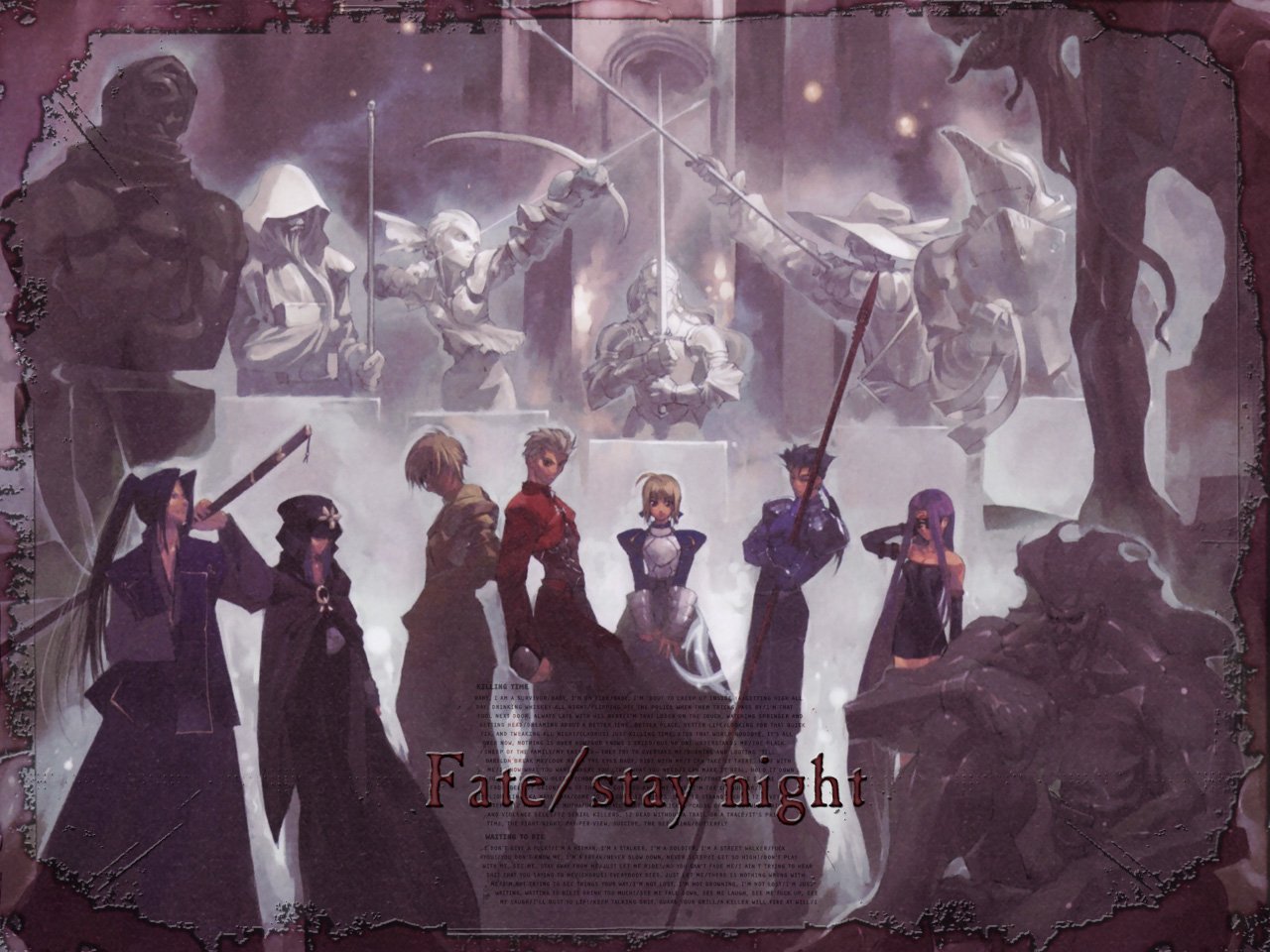 A dramatic anime scene featuring iconic characters from Fate/stay night, including Berserker, Lancer, Rider, Saber, Gilgamesh, Archer, Caster, and Assassin, set against a moody backdrop.