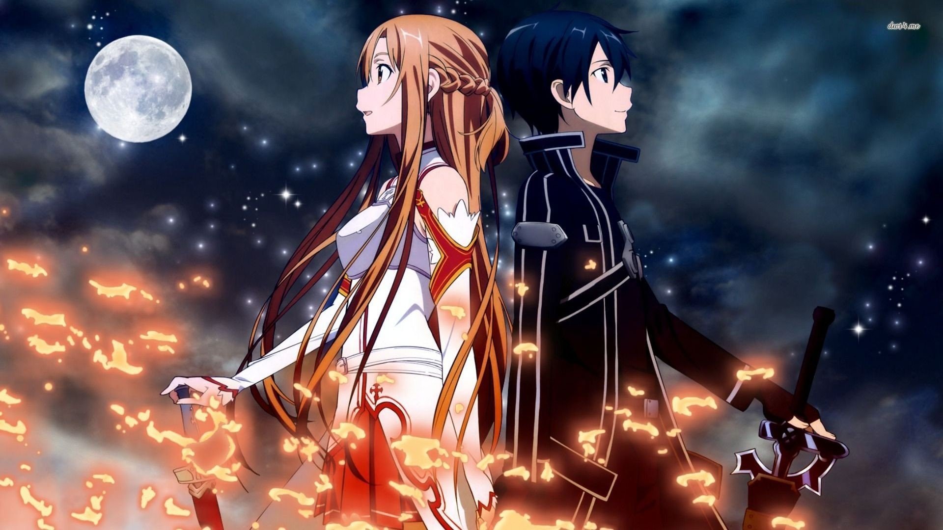 Asuna Yuuki and Kirito from Sword Art Online stand back-to-back under a moonlit sky, embers and glowing particles swirling around them as they hold their swords.