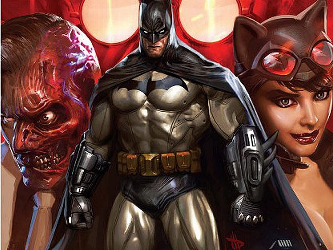 Comic-style image featuring Batman centered, with Two-Face on the left and Catwoman on the right, set against a bold red background.
