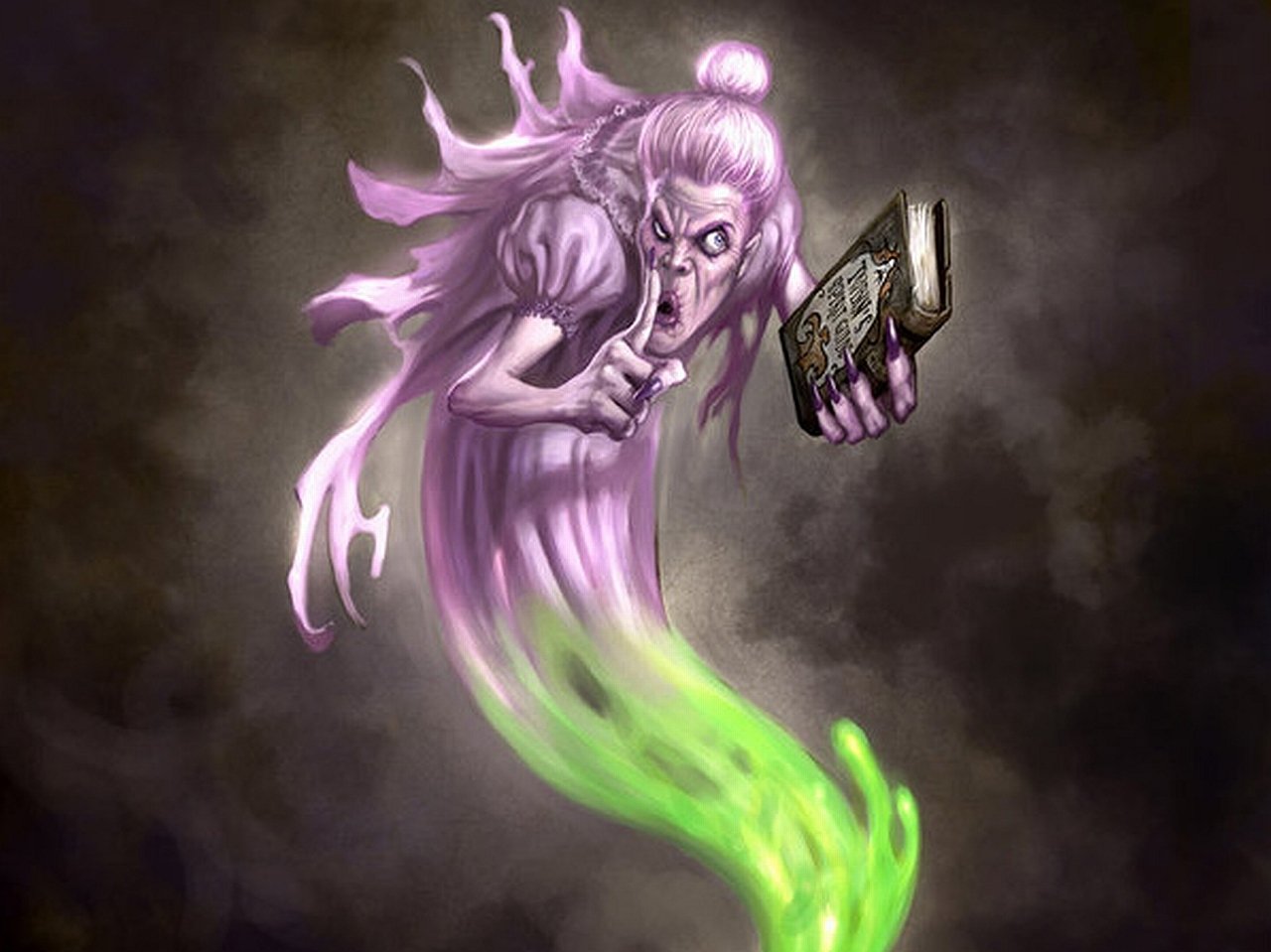 A dark, ethereal ghost with flowing pink hair and a commanding expression emerges, holding a mysterious book while a green mist swirls around it.