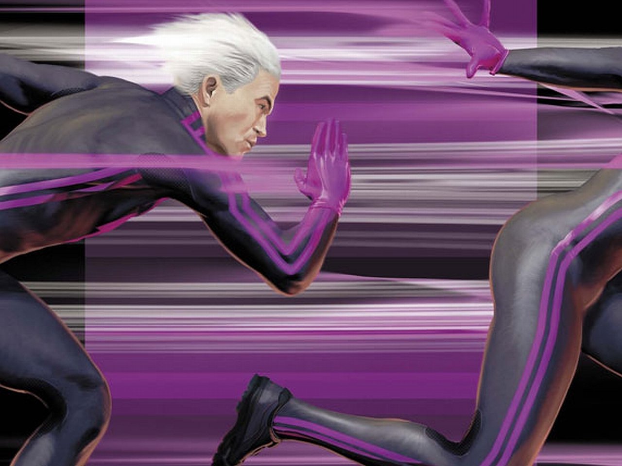 Quicksilver, a character from Marvel Comics' X-Men, is depicted racing forward with vibrant blur effects, showcasing his super speed in a dynamic comic artwork.