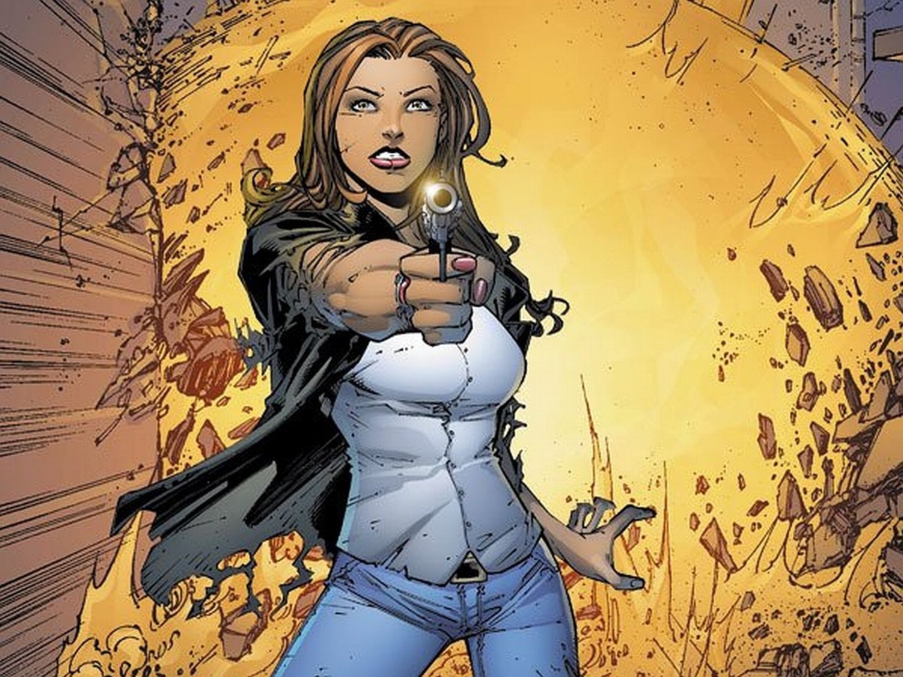 Comic illustration of Witchblade heroine aiming a handgun at the viewer as an explosion blasts behind her, debris flying, she wears a white top, jeans and a black jacket.