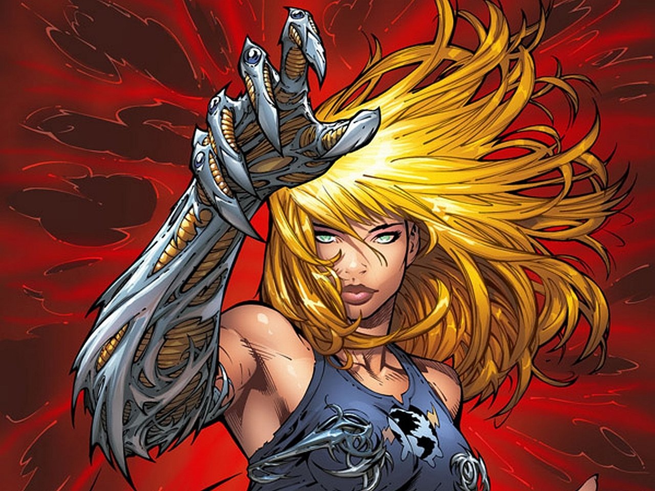 Comic-style illustration of Witchblade with flowing blonde hair and her iconic armored gauntlet extended against a dynamic red background.