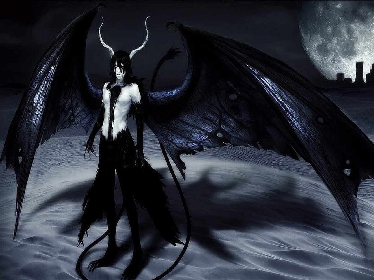 Ulquiorra Cifer, a character from the anime Bleach, stands dramatically with large black wings in a moonlit desert, embodying a powerful and mysterious presence.