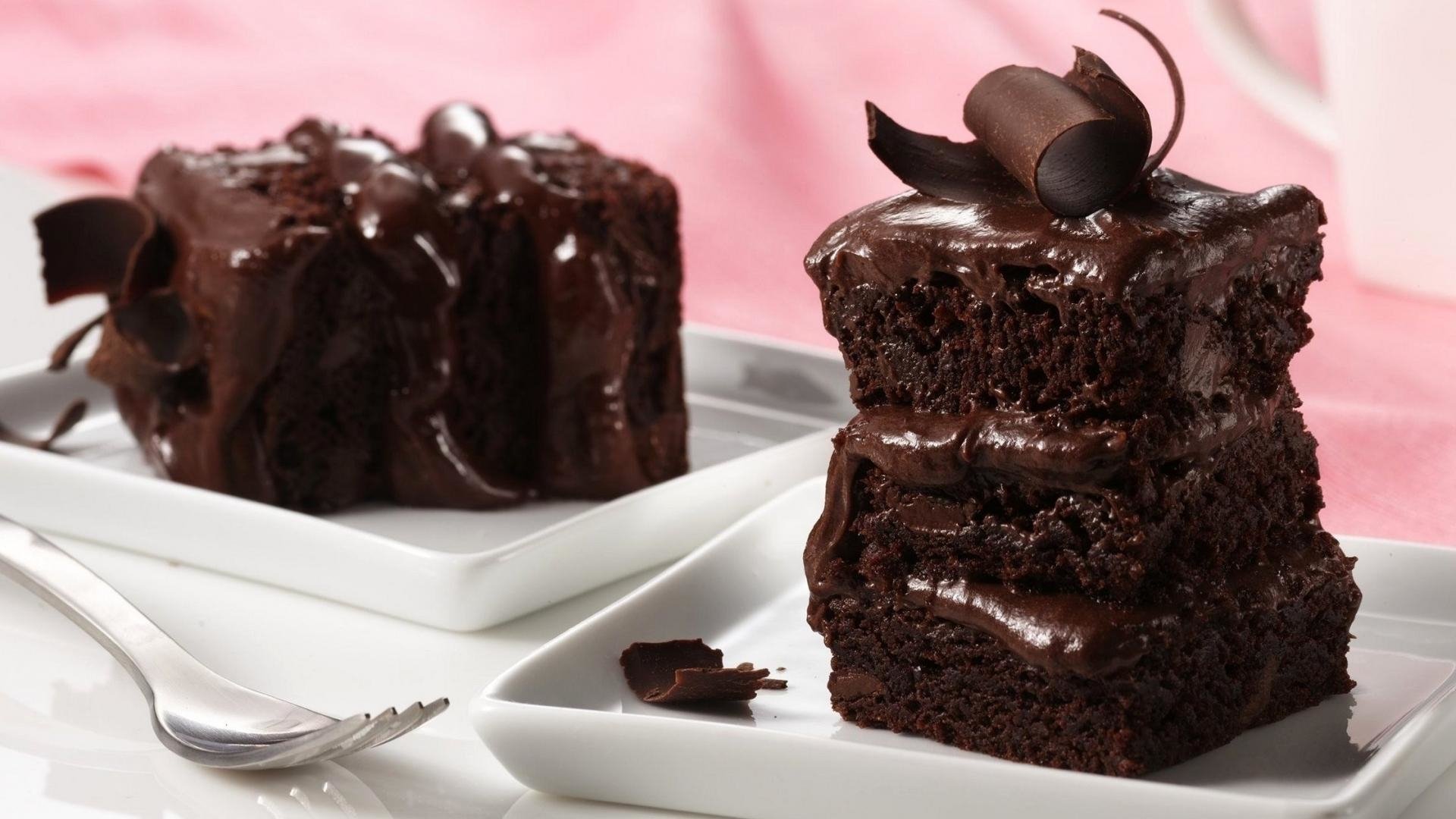 A rich, layered chocolate cake with glossy chocolate frosting and decorative chocolate curls, served on white plates with a fork against a soft pink background.