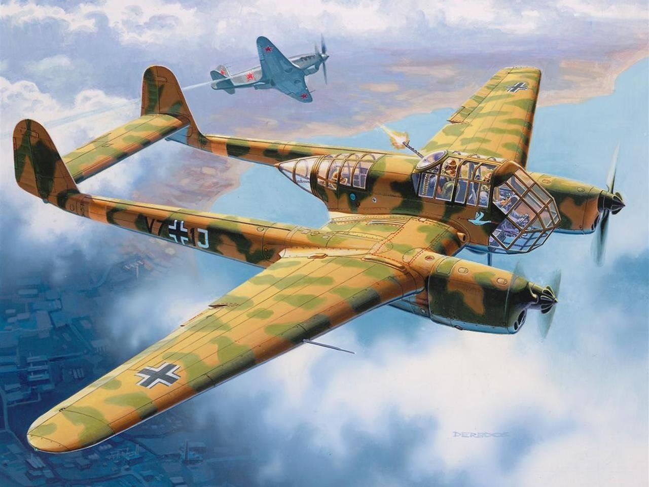 A military aircraft with camouflage paint flies through the sky accompanied by a smaller plane, both soaring above a cityscape below.