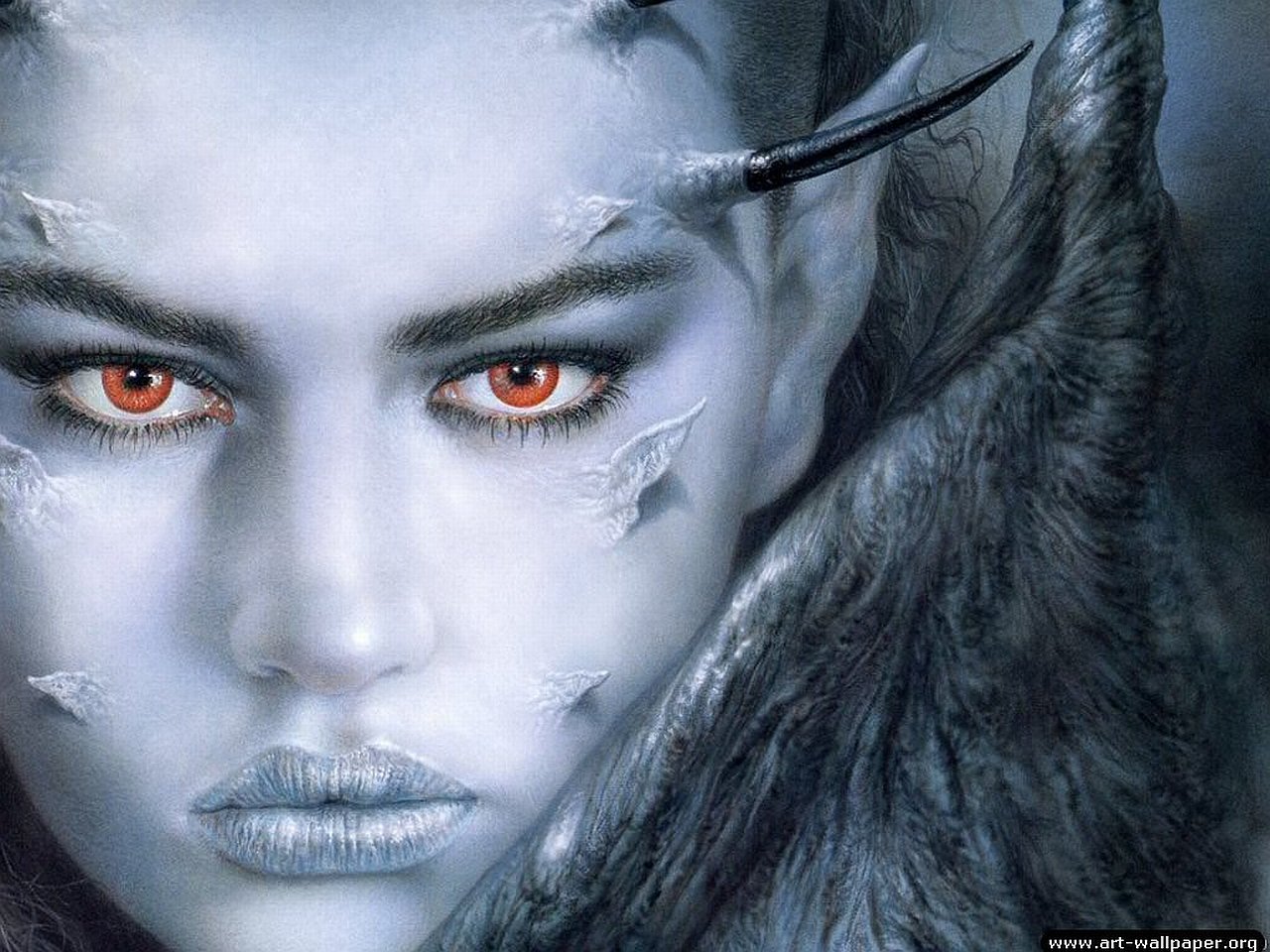 A fantasy demon with pale, cracked skin, piercing orange eyes, dark horns, and textured black wings emerges from a misty, eerie background.