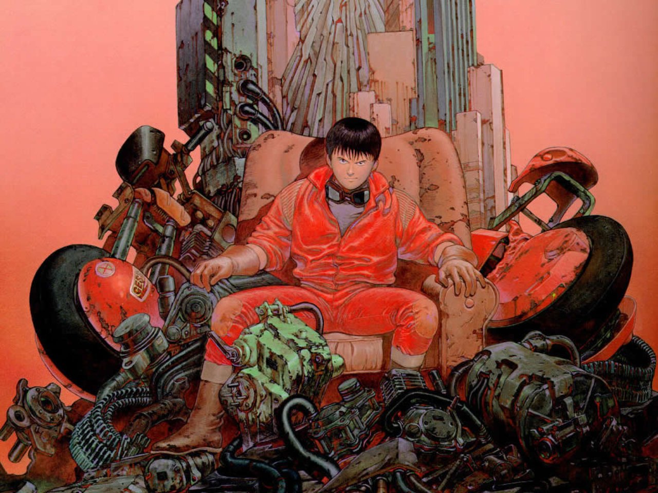 Akira: a young man in a red jumpsuit sits in a chair amid shredded motorcycle parts and tangled cables, neon-lit dystopian city skyline rising behind him.