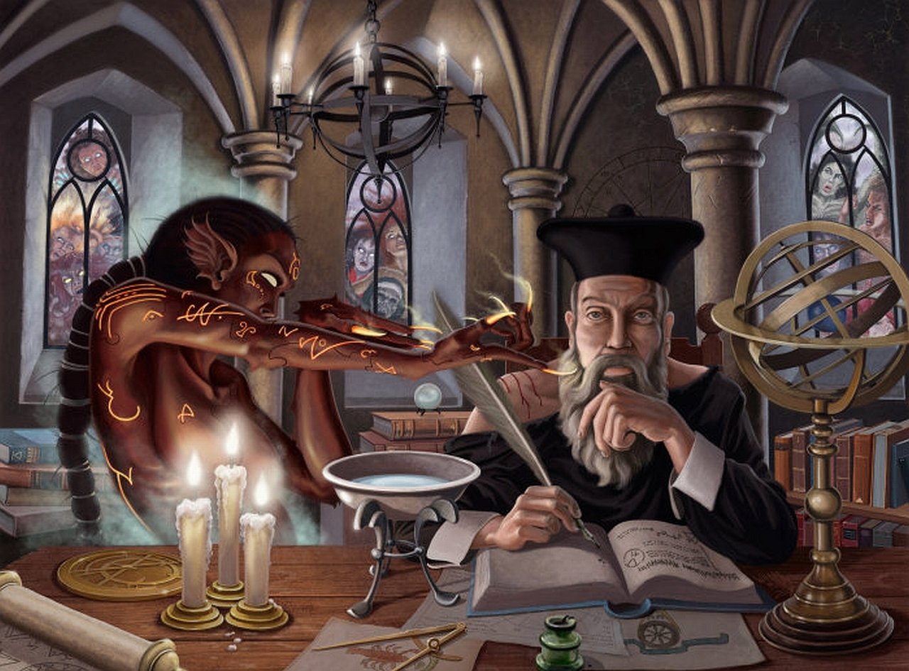 A fantasy wizard studies ancient texts in a candlelit chamber as a glowing, magical creature conjures spells nearby.