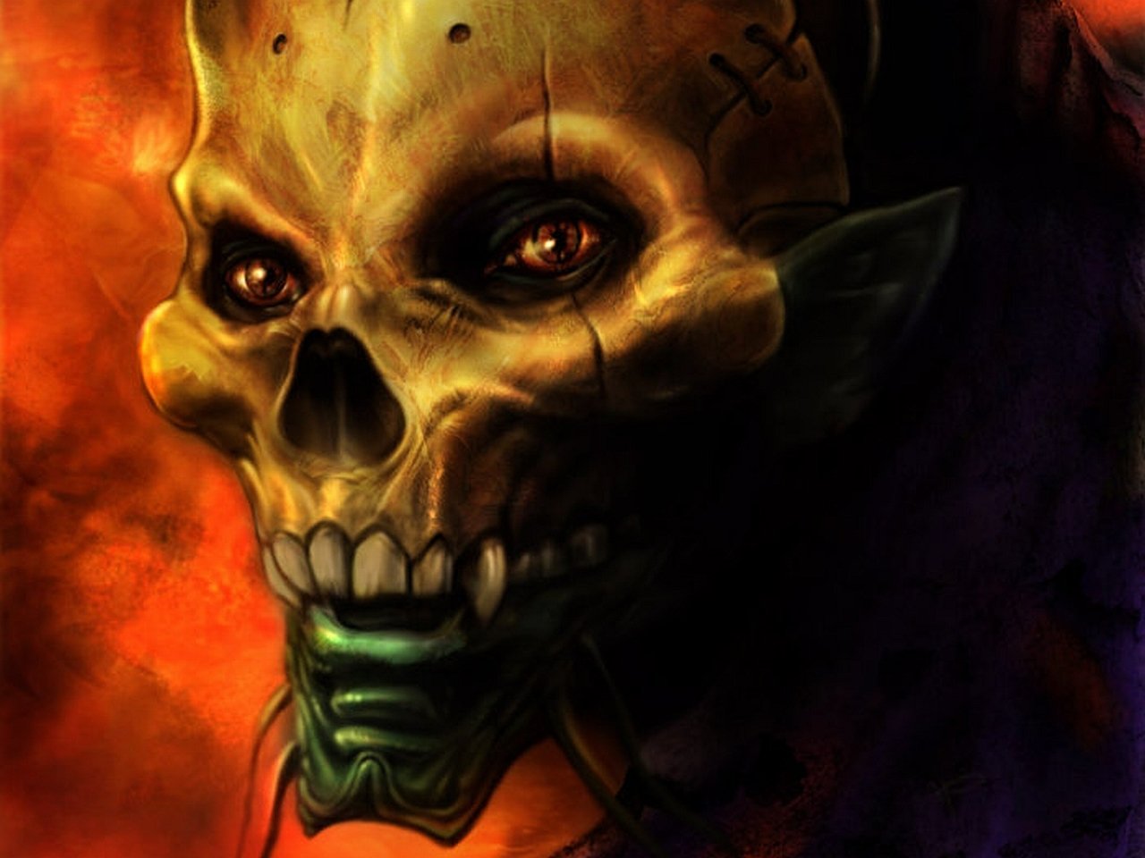A menacing skull with glowing eyes emerges from a dark, swirling background, embodying a scary and haunting presence. The contrasts of color heighten the intense, eerie atmosphere.