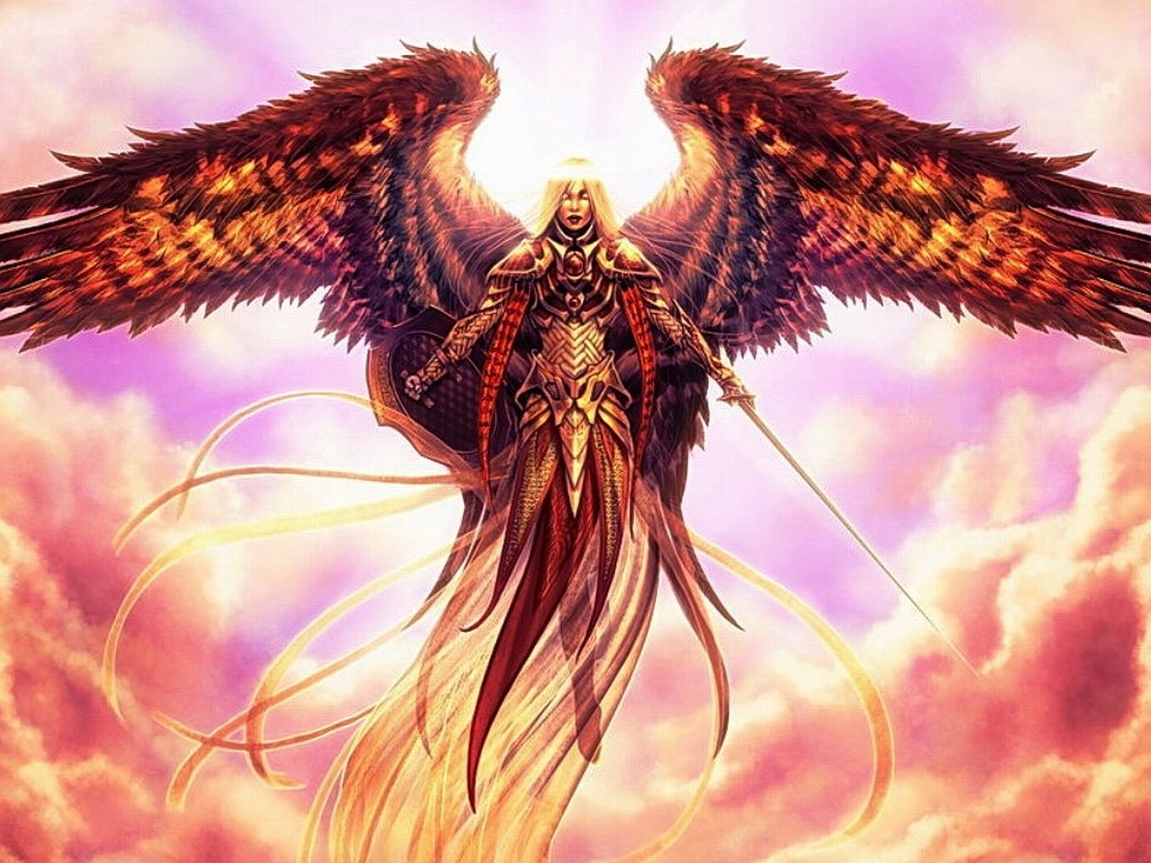 A majestic angelic figure with large, fiery wings stands against a vibrant sky, wielding a sword, embodying the striking artistry of Magic: The Gathering.