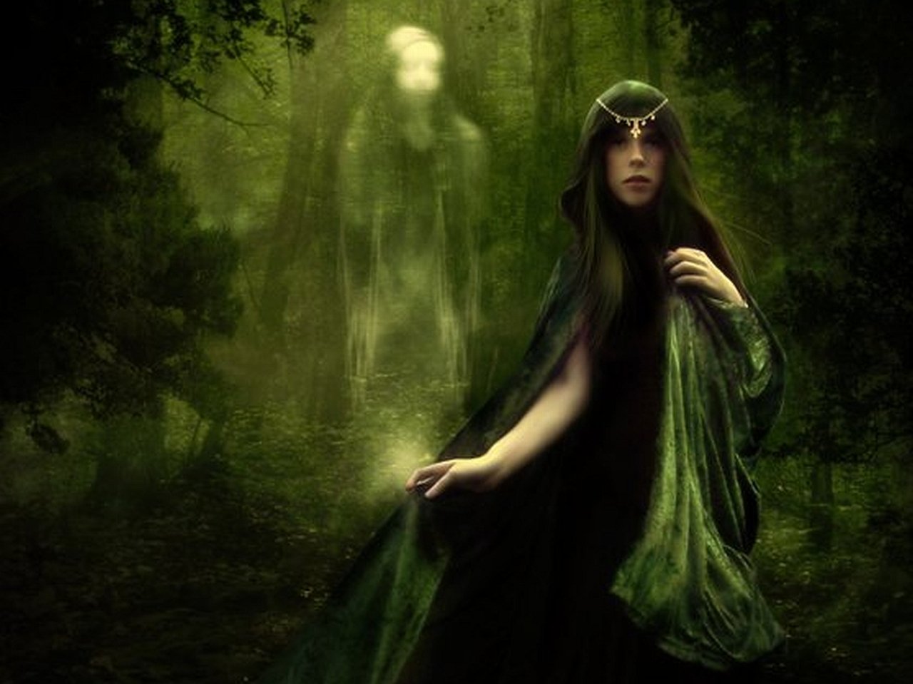 A dark, ethereal scene features a woman in a flowing green cloak, illuminated by a faint light, as a ghostly figure emerges from the misty forest behind her.