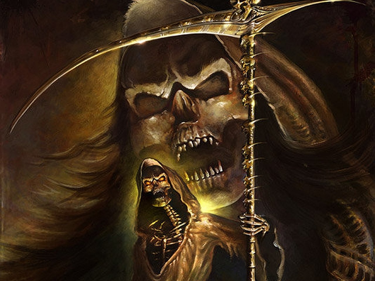 A dark, ominous grim reaper with a skeletal face cloaked in shadows, holding a large, menacing scythe against a gloomy, eerie background.