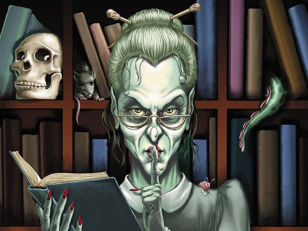 A ghostly figure with green skin and glasses is shushing while reading a book, surrounded by skulls and dark shelves filled with books, creating a chilling atmosphere.
