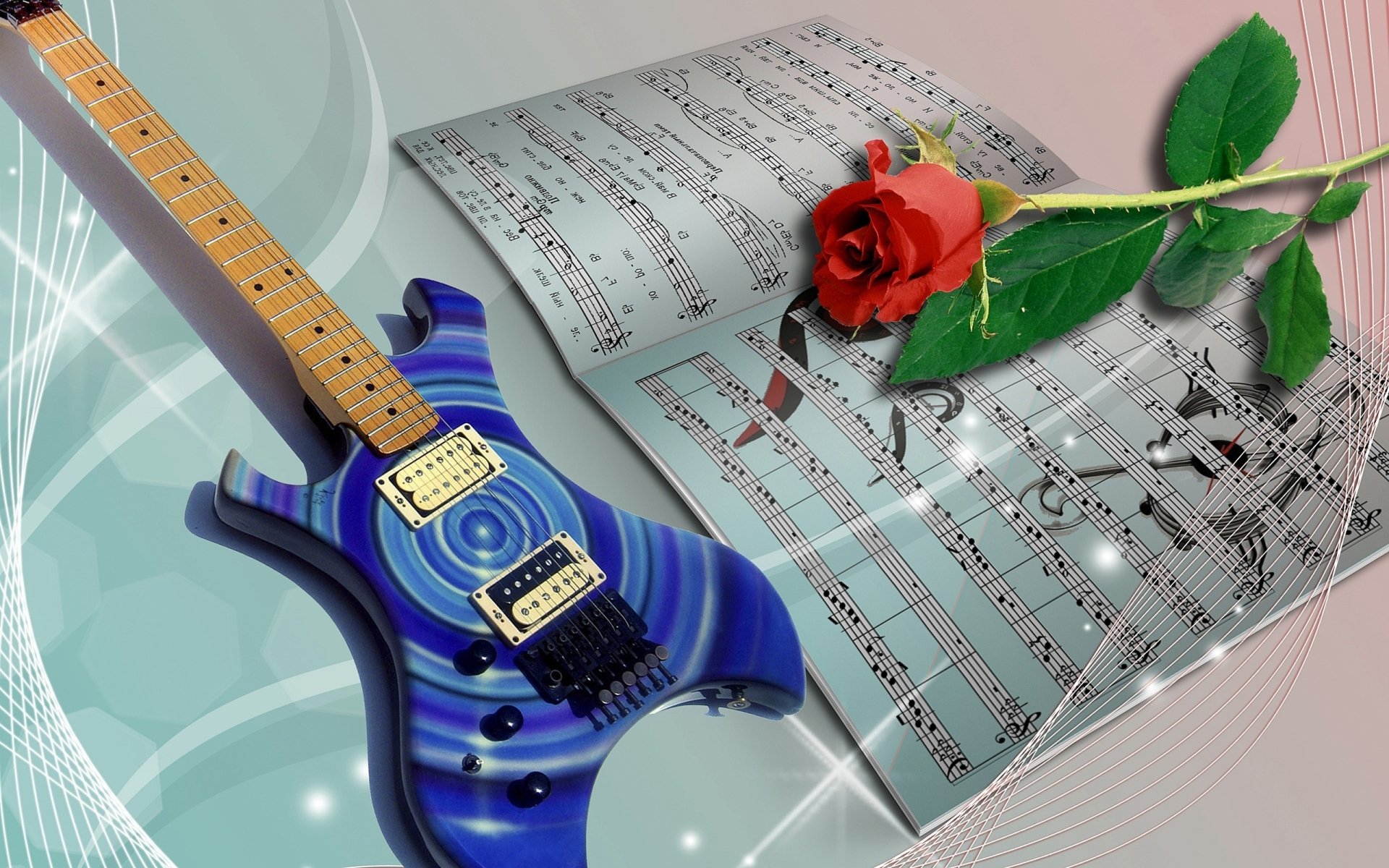 A blue electric guitar rests beside a sheet of music, accompanied by a red rose, symbolizing the harmony of music and beauty.