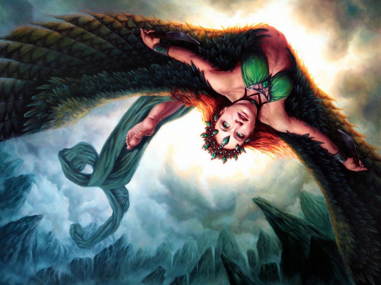 Fantasy angel with dark feathered wings and a leaf crown, suspended upside-down over jagged, cloud-swept mountains, bathed in a golden halo while wearing a flowing green dress.