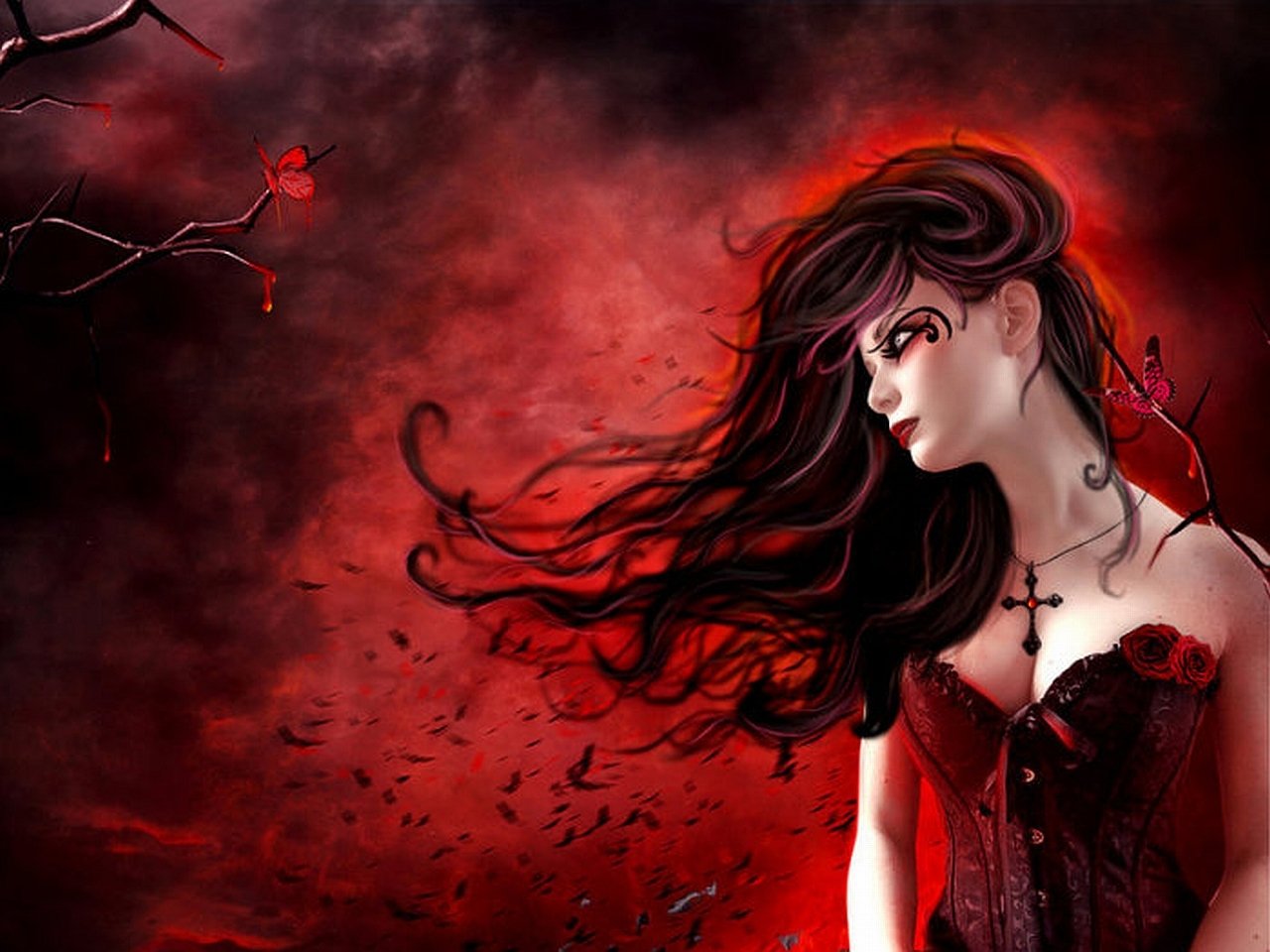 A dark, gothic-themed illustration featuring a woman in a corset, surrounded by swirling red and black hues, long flowing hair, and hints of red roses and thorns.