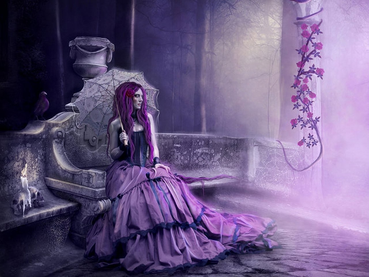 A woman in a dark, gothic setting sits on a bench, wearing a flowing purple gown, surrounded by mist and faint floral vines, evoking a sense of mystery and enchantment.