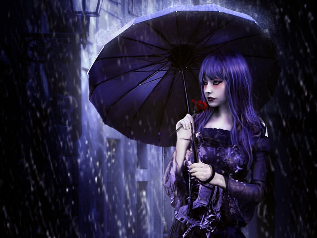 Fantasy woman with violet hair in a gothic dress holds a red rose beneath a black umbrella in a moody, rain-soaked, purple-lit scene.