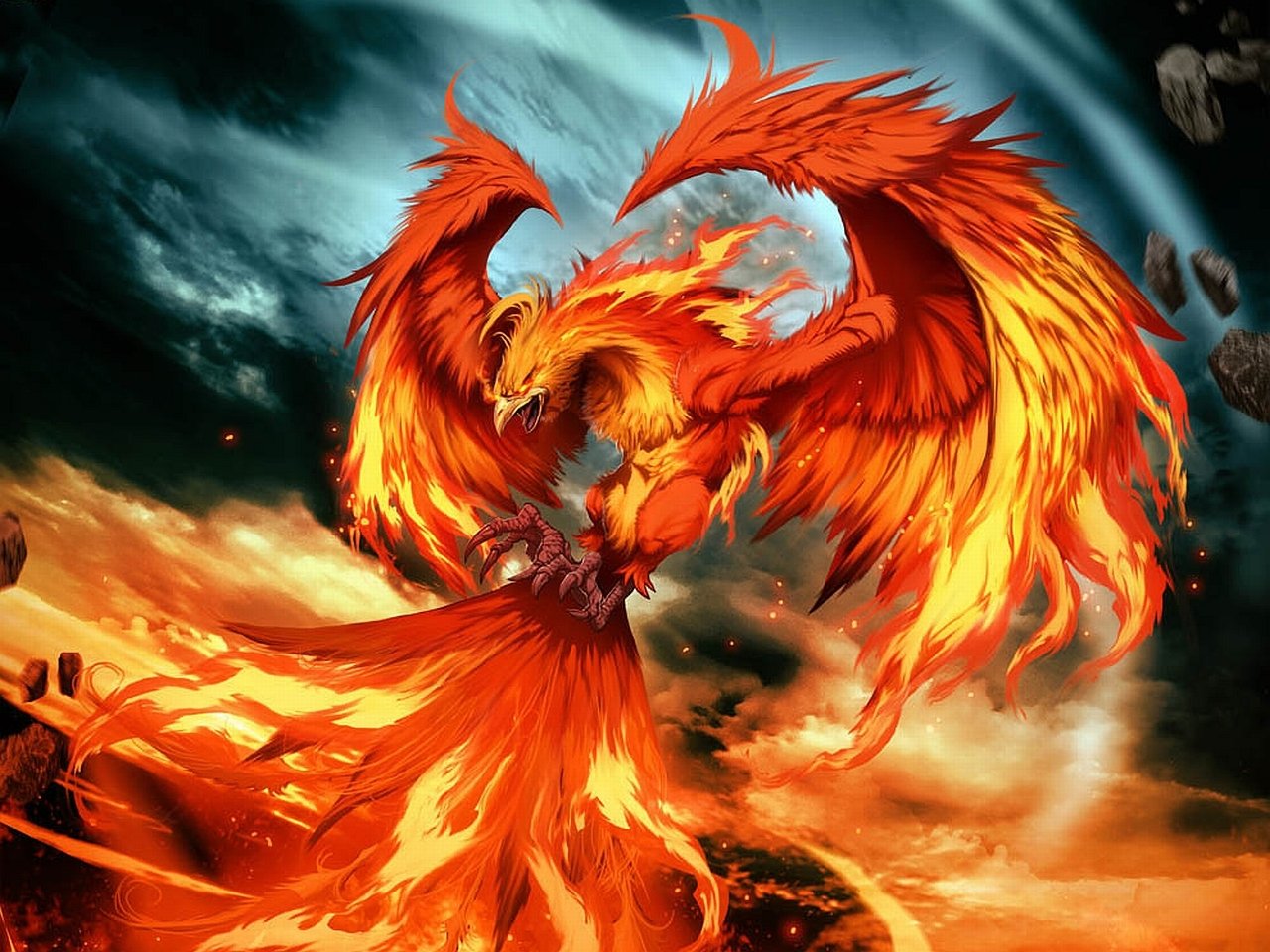 A majestic phoenix rises amidst swirling clouds, engulfed in flames with vibrant orange and red feathers, embodying power and rebirth in a spectacular fantasy setting.
