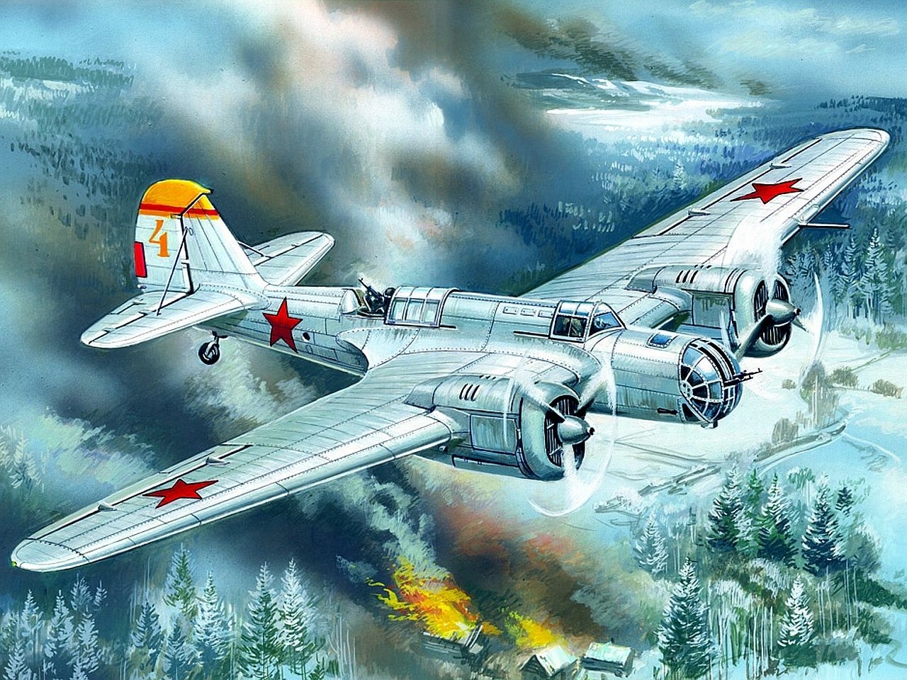 Military Tupolev SB bomber aircraft flies over a forested area with smoke and fire visible below during an air raid.
