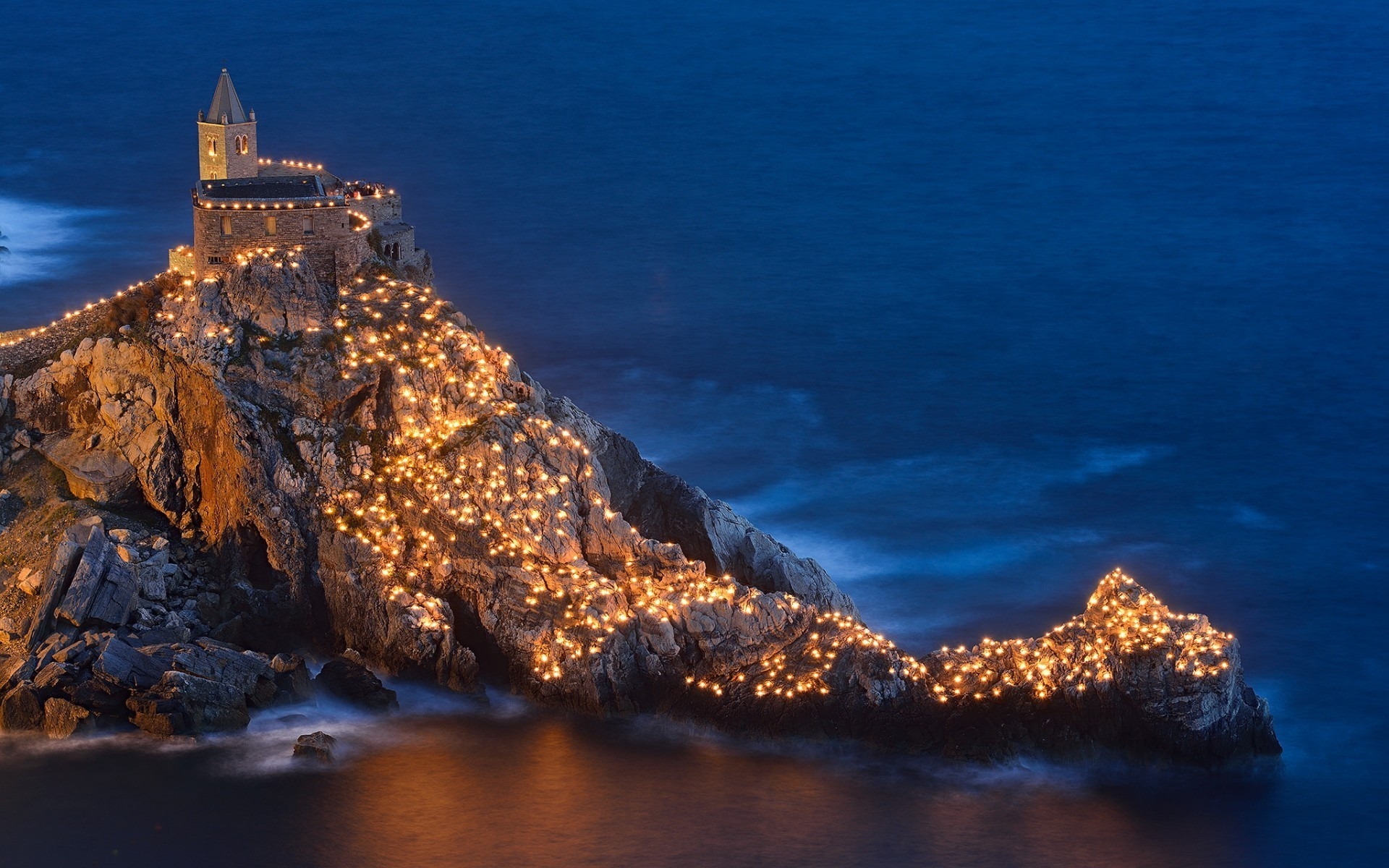 Lights around Castle in Liguria, Italy