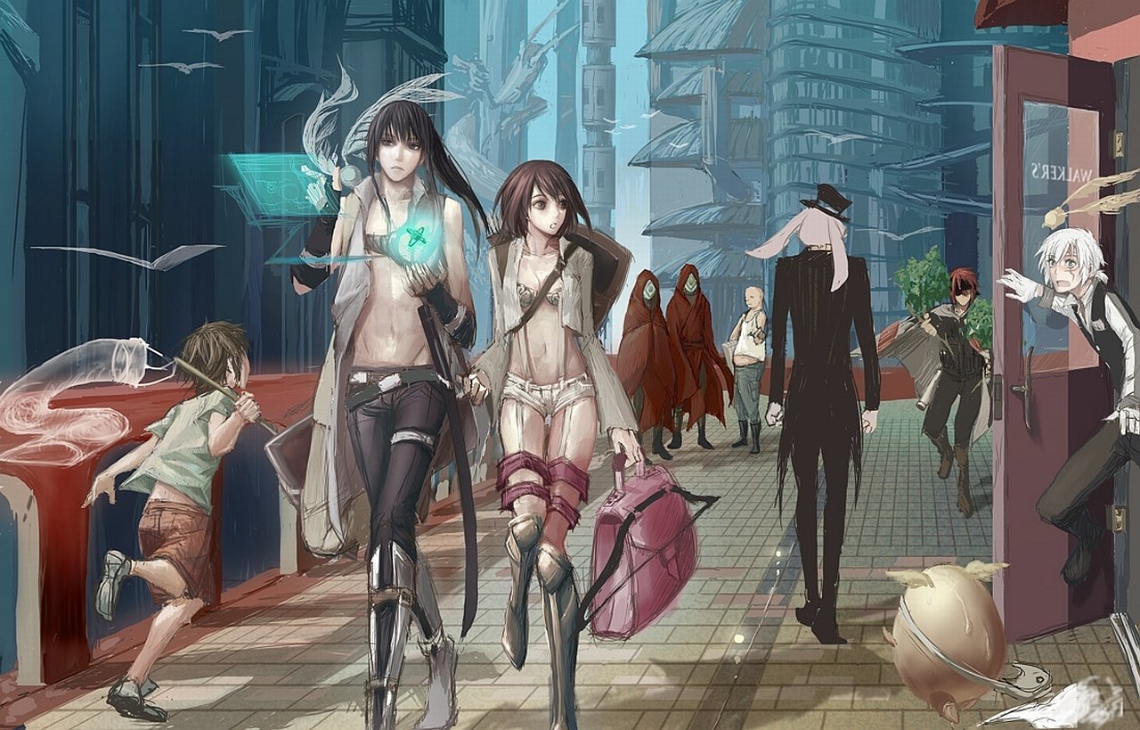 Two characters from the anime D.Gray-man walk confidently through a bustling city, surrounded by various other figures and a vibrant urban backdrop.