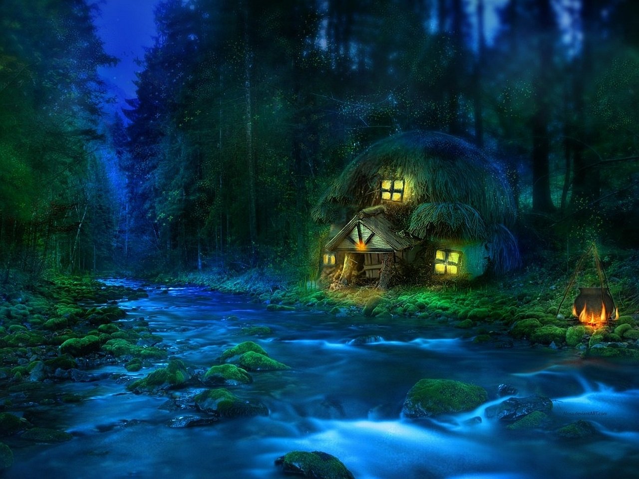A fantasy house nestled in a mystical forest, illuminated by soft glowing windows, beside a gently flowing river and a flickering campfire, under a twilight sky.