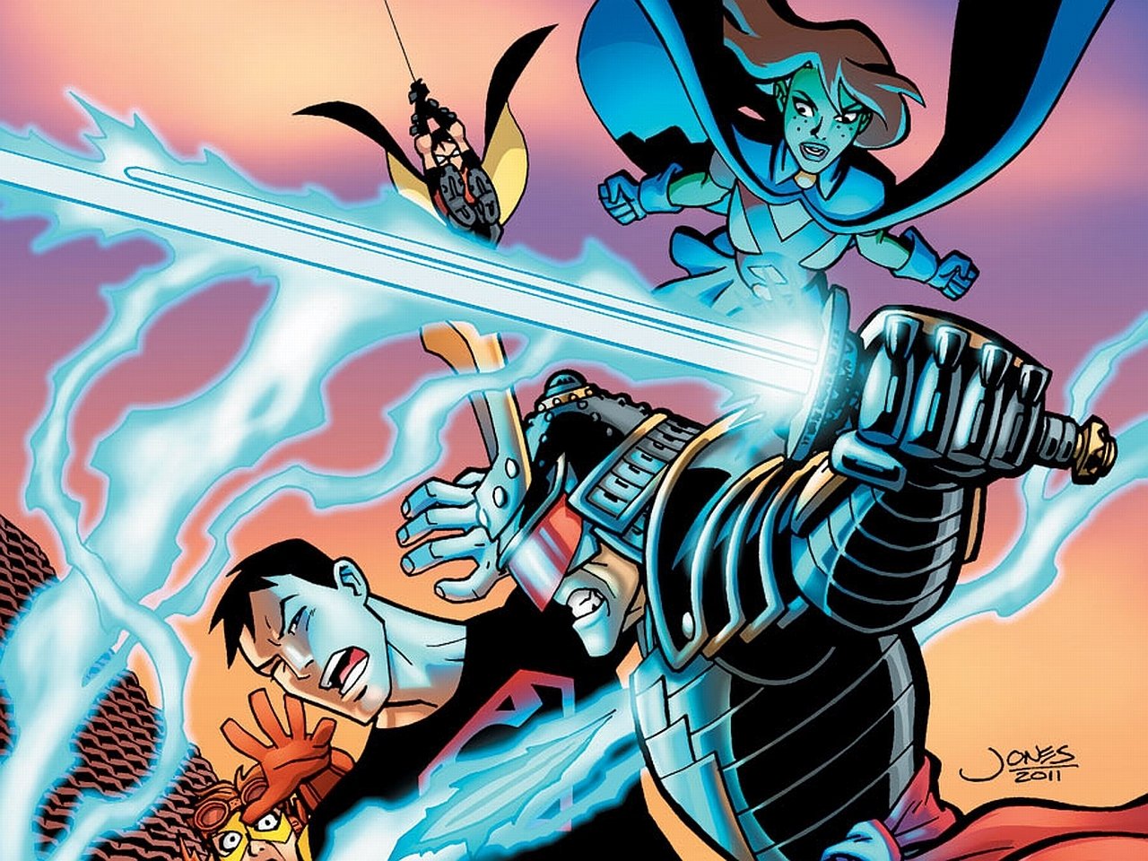 Action-packed comic scene featuring DC Comics’ Conner Kent as Superboy, Miss Martian, Wally West as Kid Flash, and Dick Grayson as Robin from Young Justice.