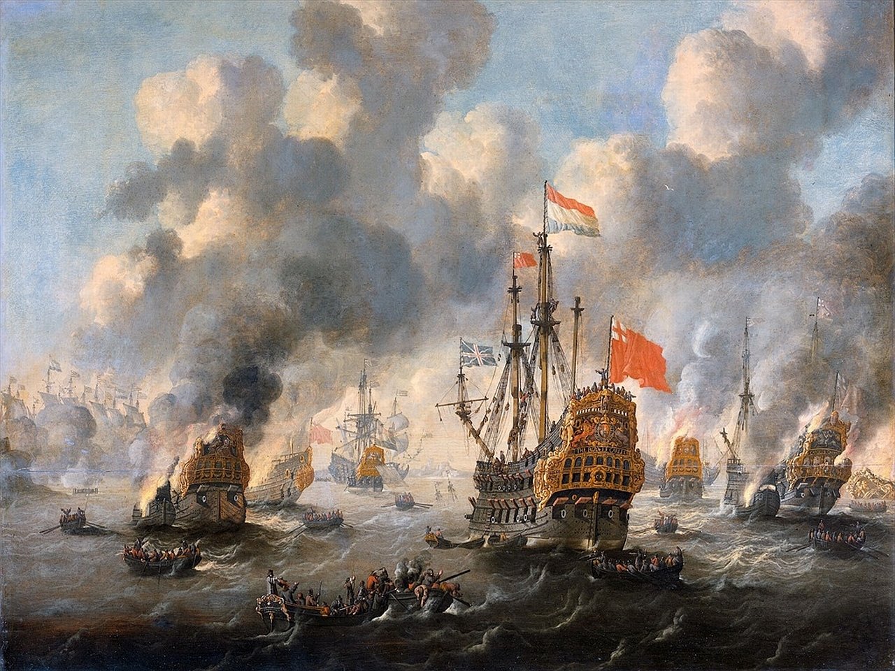 Painted naval battle of military sailing ships and war galleons exchanging cannon fire amid smoky seas, with small rowboats and flags flying from tall masts.
