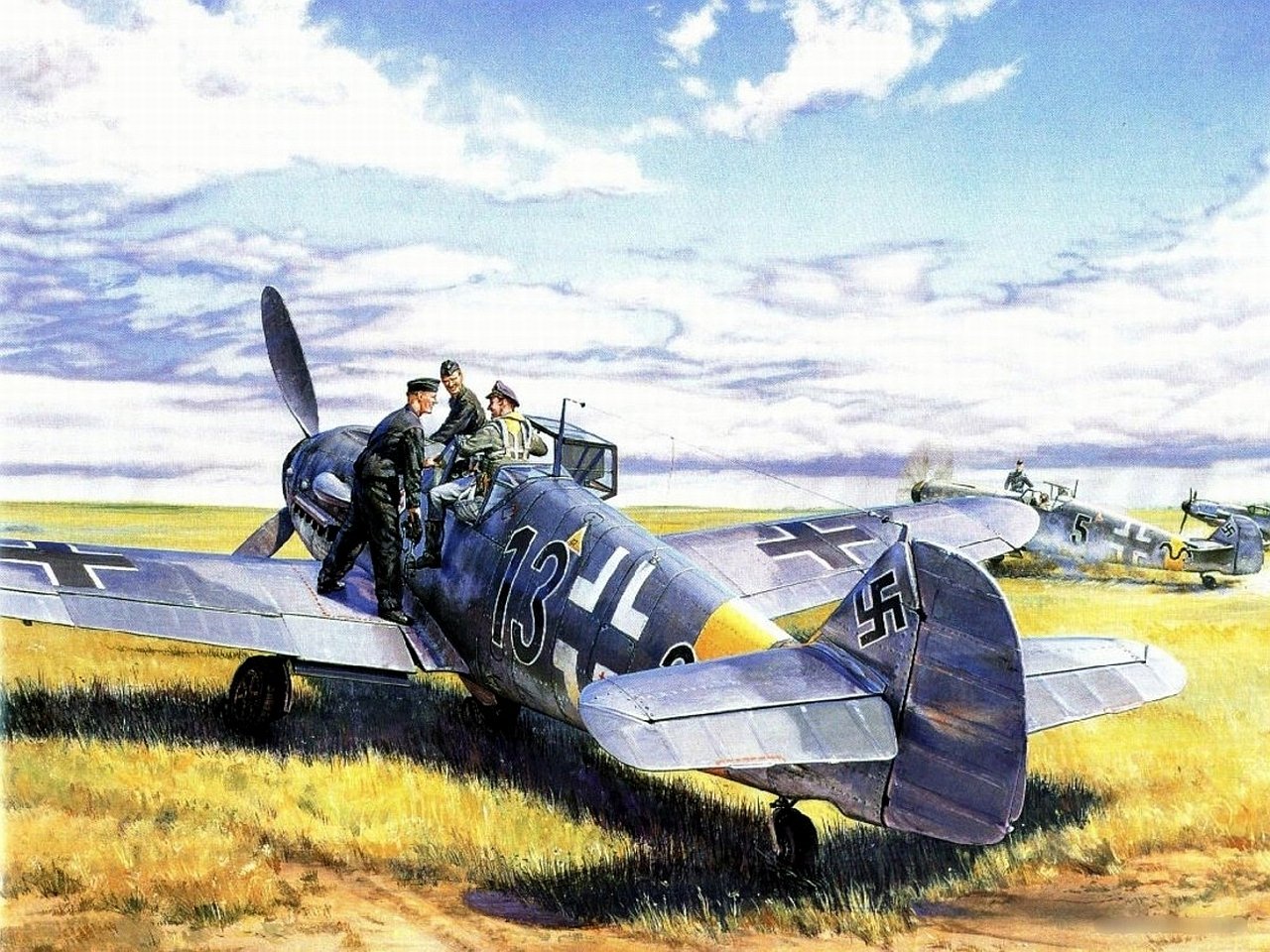 A Messerschmitt Bf 109 airplane sits on a grassy field during World War II, with Luftwaffe pilots preparing for flight in the background under a cloudy sky.