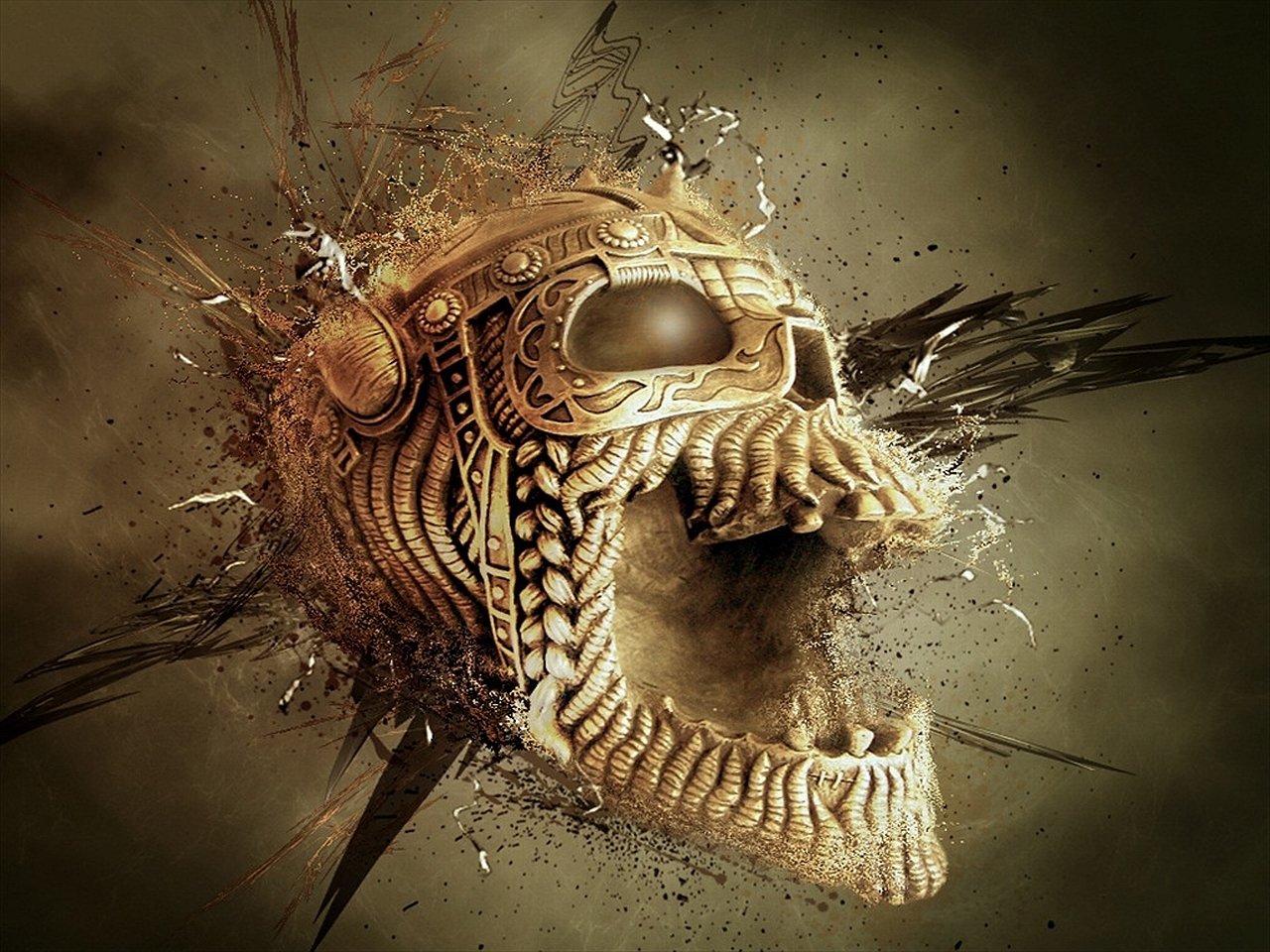 A dark, stylized skull bursts from an explosion of dust and particles, showcasing intricate details and a fierce expression. The composition evokes a sense of depth and drama.