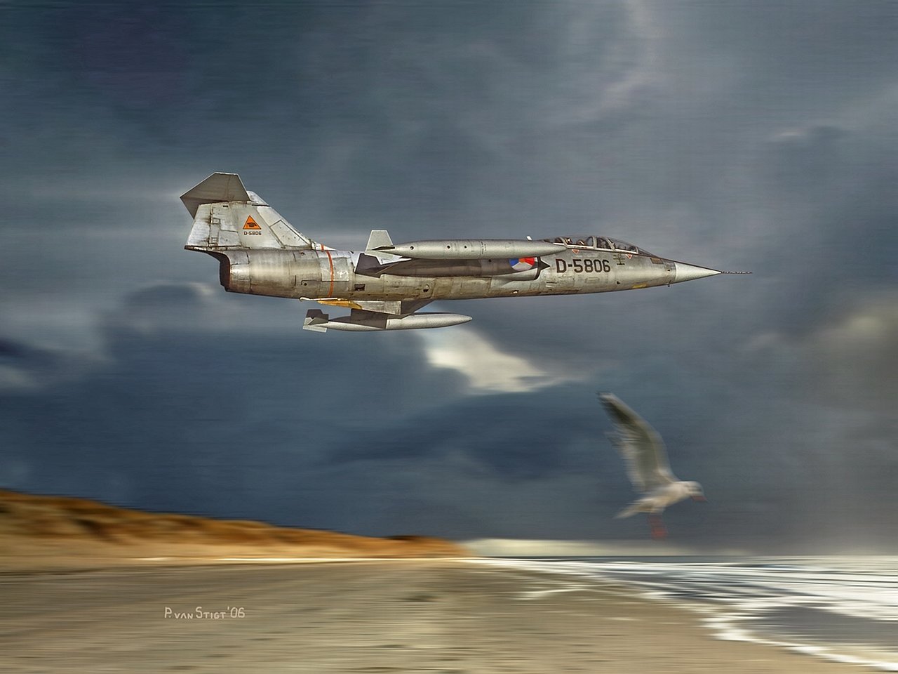 Lockheed F-104 Starfighter military jet skimming low over a windswept beach under stormy skies, a gull in the foreground.