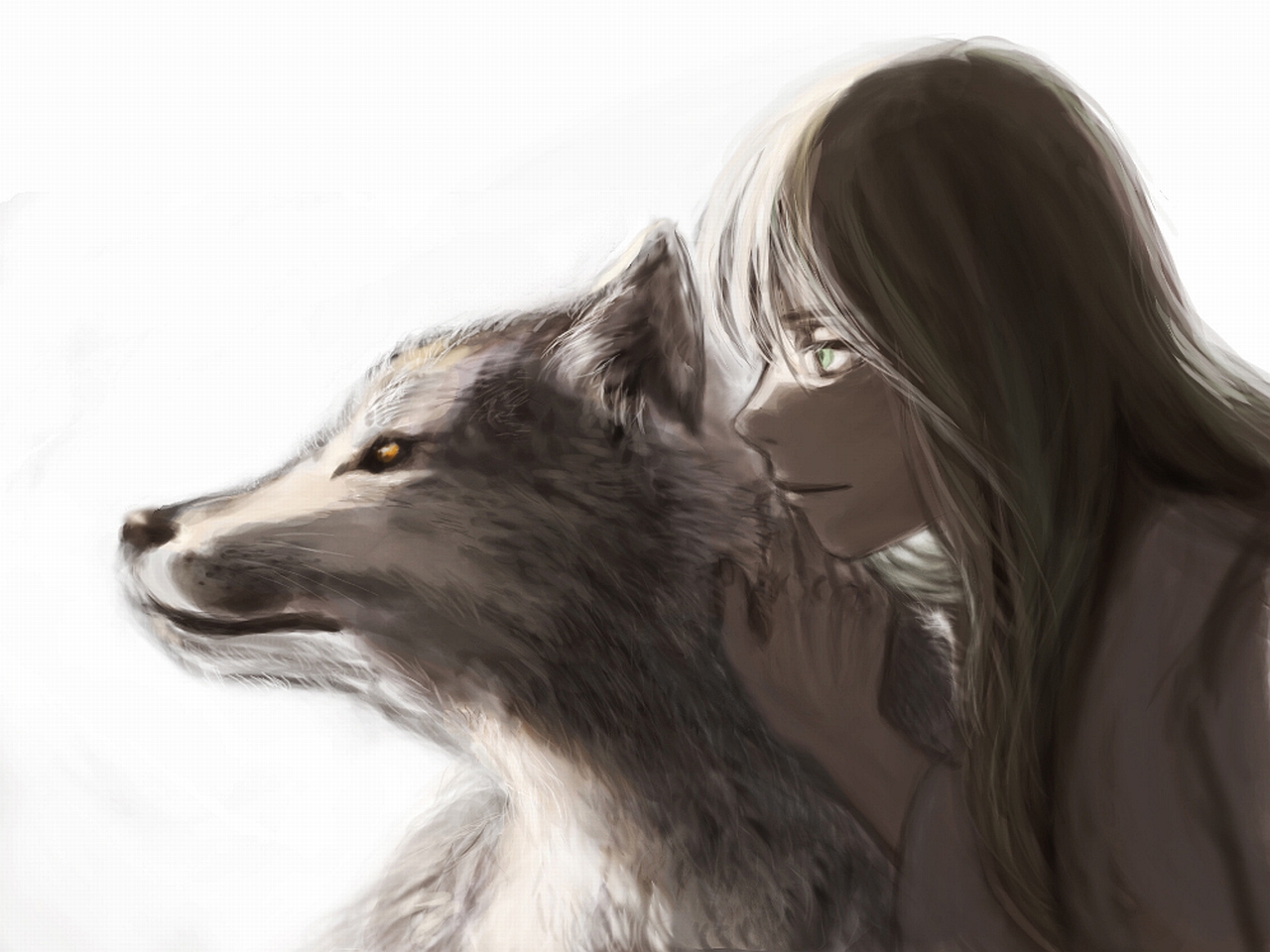 Парень обнимает волка