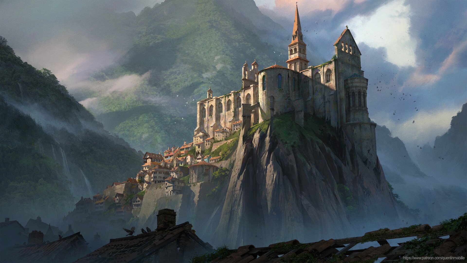 A majestic fantasy city perched on a rocky cliff, surrounded by misty mountains under a dramatic sky.