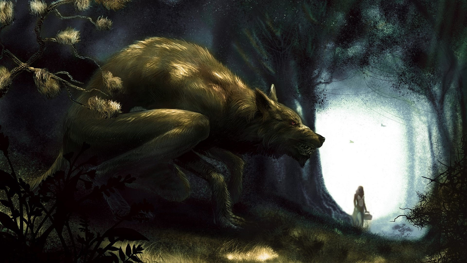A dark forest scene featuring a large werewolf towering over a small figure in the distance, illuminated by a mysterious light, creating an eerie and suspenseful atmosphere.