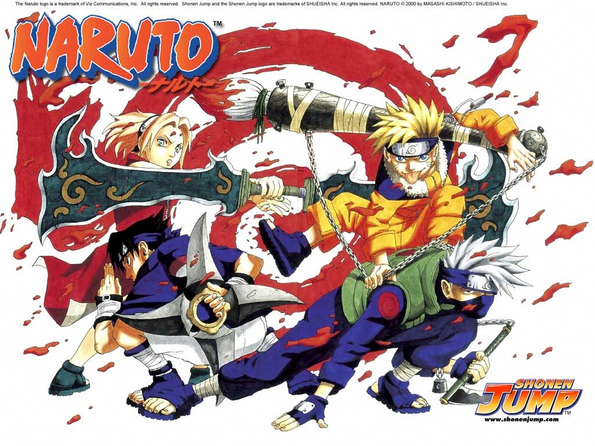 A vibrant anime scene featuring Kakashi Hatake, Sasuke Uchiha, Sakura Haruno, and Naruto Uzumaki from the series Naruto, showcasing their dynamic poses and unique styles.
