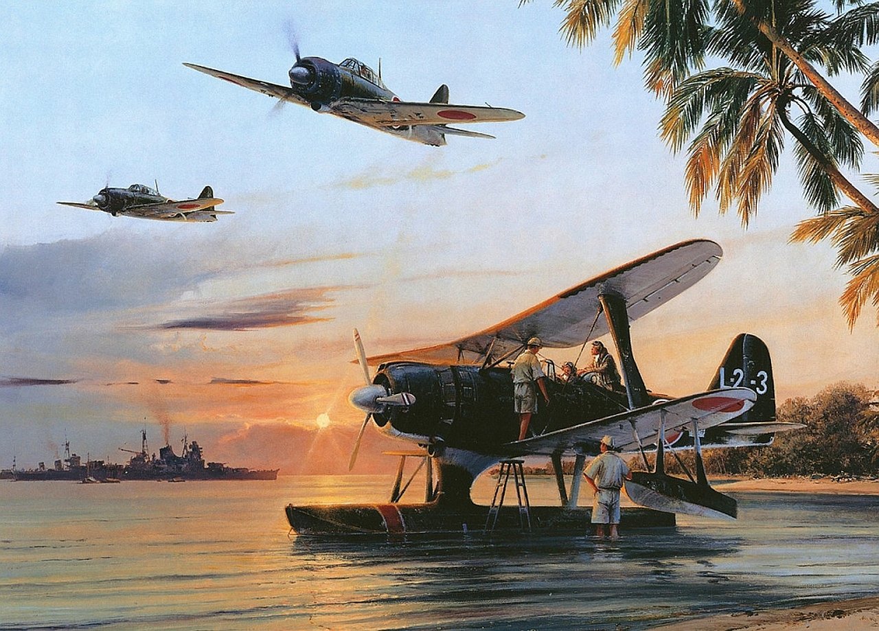 A military seaplane rests near a tropical shore at sunset, with two fighter aircraft flying overhead and warships visible in the distance.
