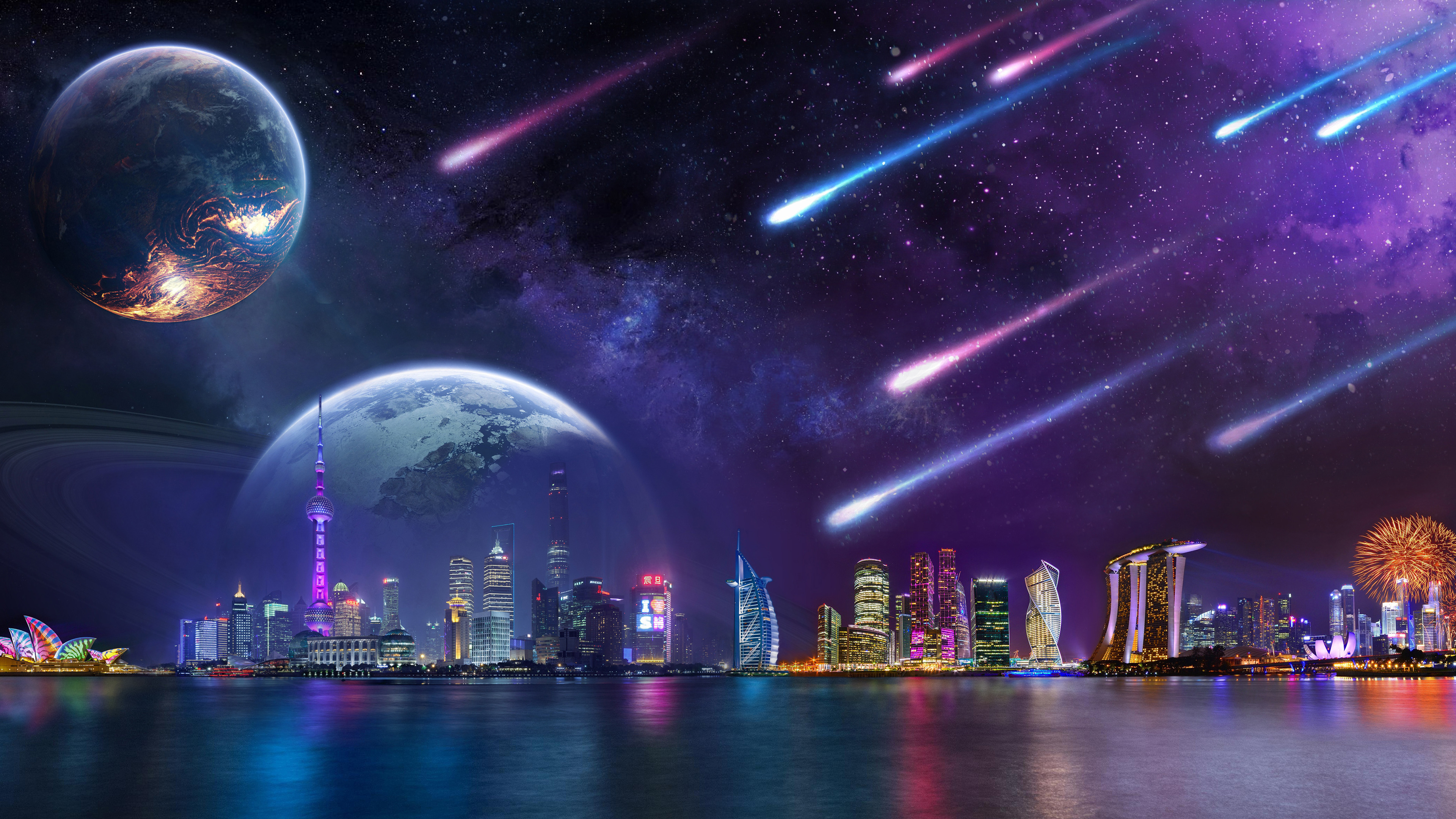 Comets Heading toward Futuristic City