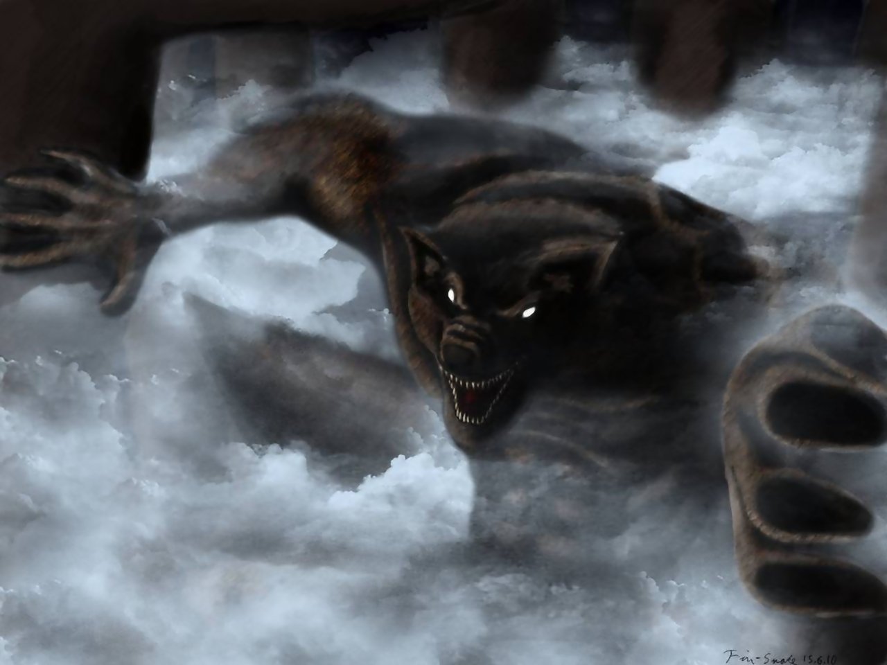 A dark, menacing werewolf emerges from swirling mist under a shadowy sky, its sharp claws and glowing eyes poised to attack.