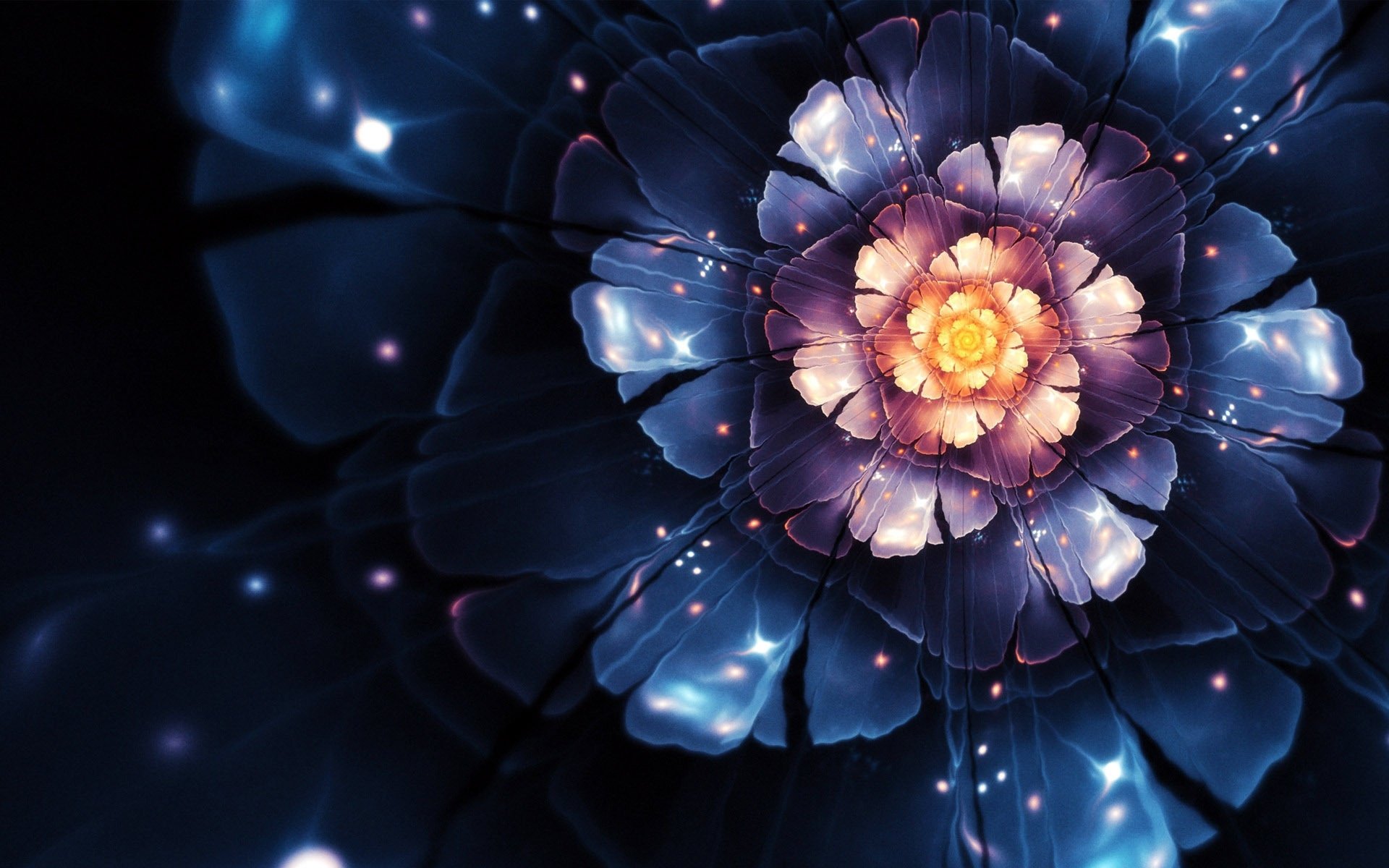 An abstract fractal design featuring a luminous flower-like structure, showcasing intricate petals in shades of blue and purple with a glowing center.