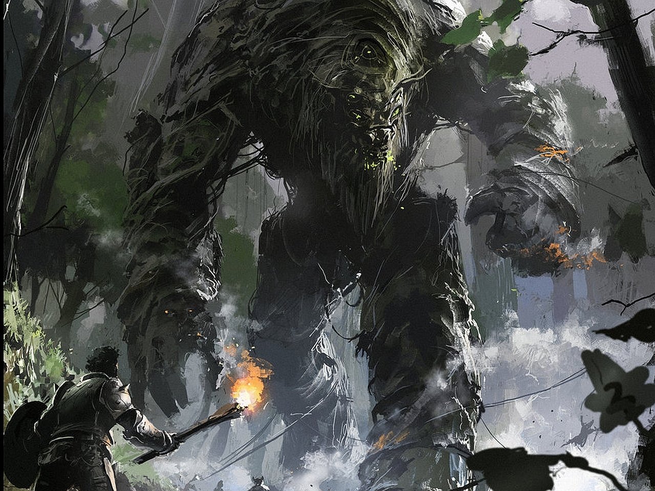 Video game scene from Rift: lone torch-bearing adventurer confronts a towering moss-covered forest colossus emerging from mist.