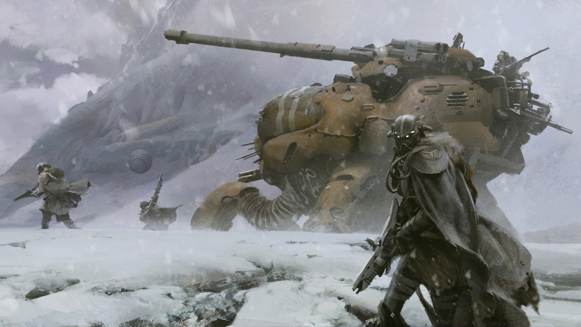 A snowy landscape from the video game Destiny, featuring armored characters and a large, imposing tank in the background, capturing the game's adventurous atmosphere.