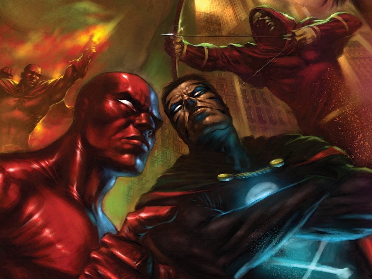 Comic art from Project Superpowers: two heroes — a glossy red-suited figure and a dark armored hero with a glowing chest — cloaked archers loom behind.