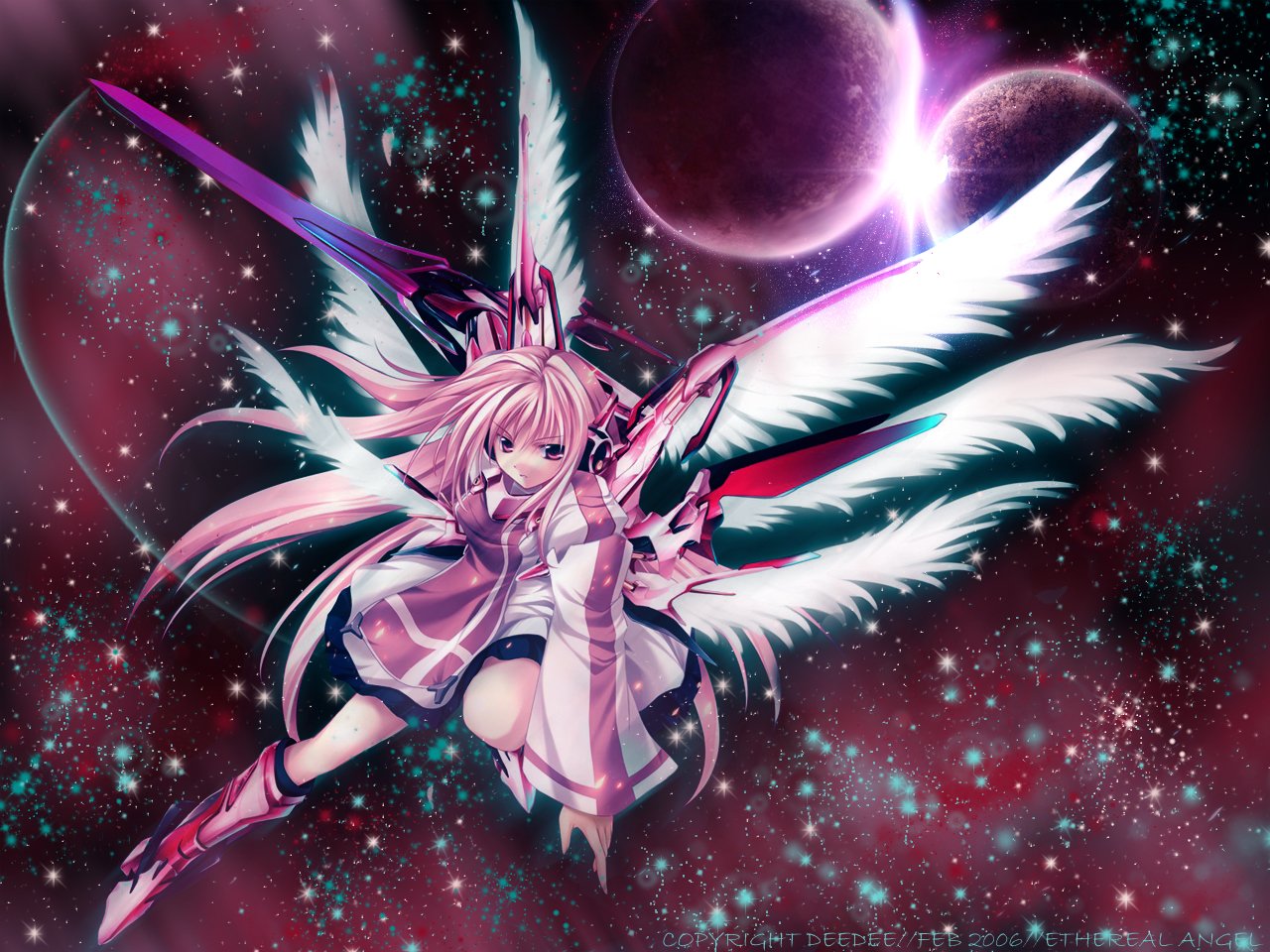 Anime angel with white wings and pink hair wields a futuristic weapon, set against a vibrant cosmic background with planets and stars.