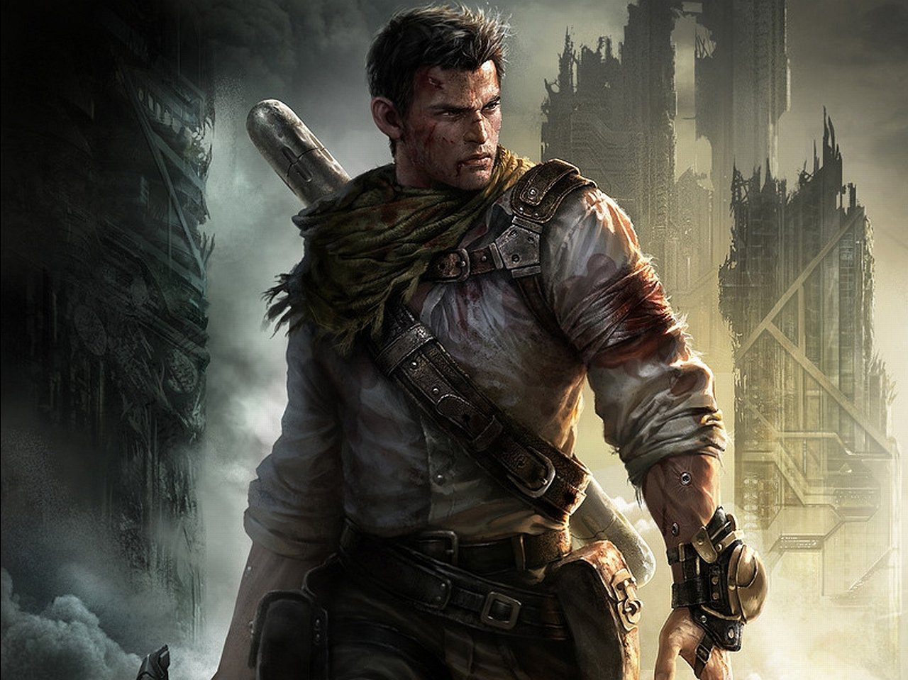 A rugged sci-fi warrior stands confidently, wielding a weapon, with a damaged city skyline in the background, embodying resilience and strength amidst chaos.