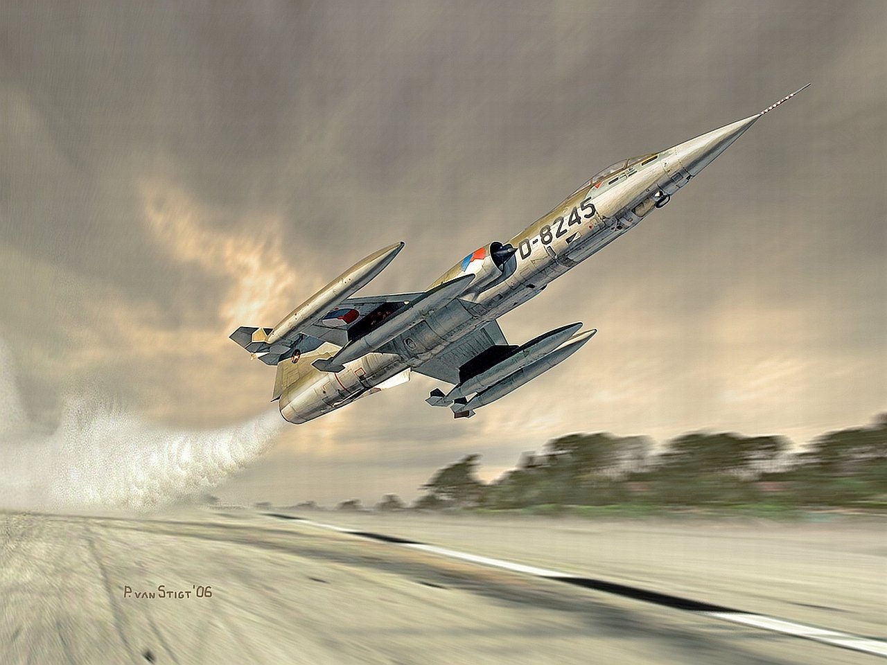 Lockheed F-104 Starfighter military aircraft ascending sharply with afterburner flames visible against a cloudy sky and blurred ground below.