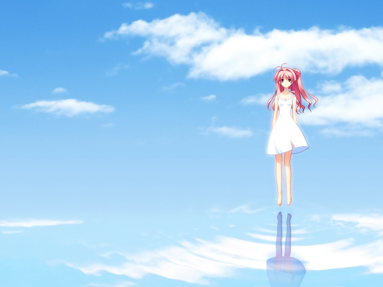Anime (Chaos;Head): pink-haired girl in a white dress standing on a mirror-like sea beneath a bright blue sky, her reflection and clouds stretching below.